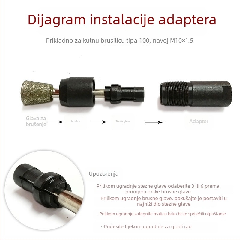 Konverzijski držač za kutnu brusilicu za električni brusilnik, čelik, M10, duljina 50 mm, uključuje 6# i 3# držače