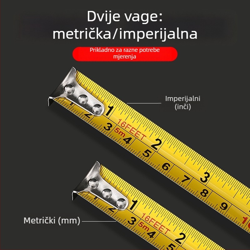 Čelična mjerna traka s kućištem, metrijske i imperijalne skale, 3–10 m, ojačano gumirano kućište, otpornost na pad