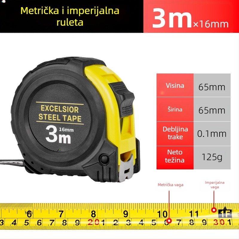 Čelična mjerna traka s kućištem, metrijske i imperijalne skale, 3–10 m, ojačano gumirano kućište, otpornost na pad