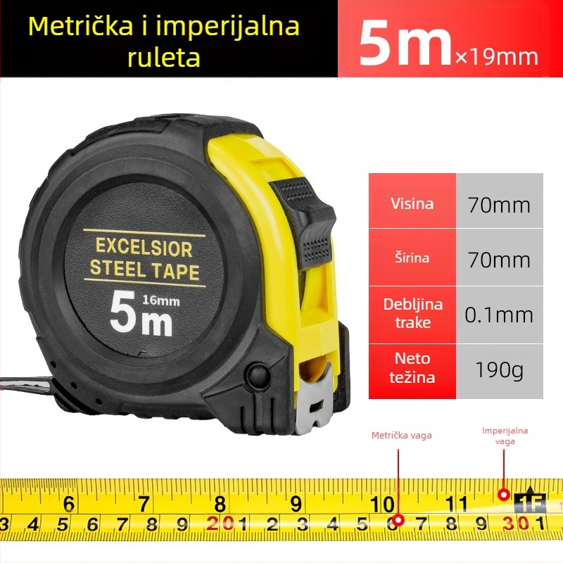 Čelična mjerna traka s kućištem, metrijske i imperijalne skale, 3–10 m, ojačano gumirano kućište, otpornost na pad