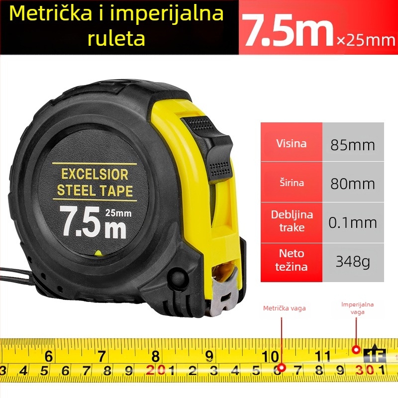 Čelična mjerna traka s kućištem, metrijske i imperijalne skale, 3–10 m, ojačano gumirano kućište, otpornost na pad