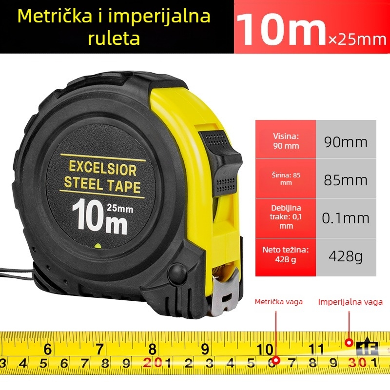 Čelična mjerna traka s kućištem, metrijske i imperijalne skale, 3–10 m, ojačano gumirano kućište, otpornost na pad