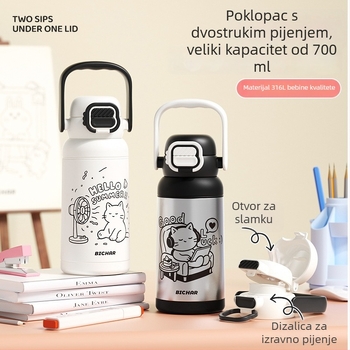 Termos s izuzetno velikim kapacitetom za djevojke, elegantan čaša-termos s dvjema slamkama, unutarnji od 316 nerđajućeg čelika