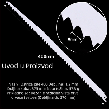 Produžena pilenska ploča za drvo, duljine 400/500/580 mm, zubi od grubih do finih.