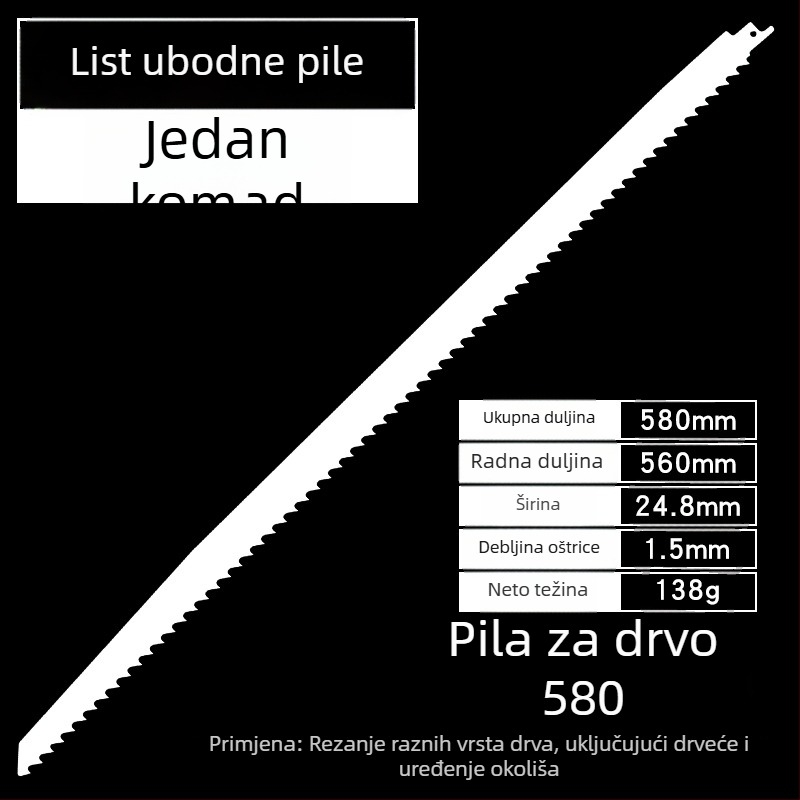 Produžena pilenska ploča za drvo, duljine 400/500/580 mm, zubi od grubih do finih.