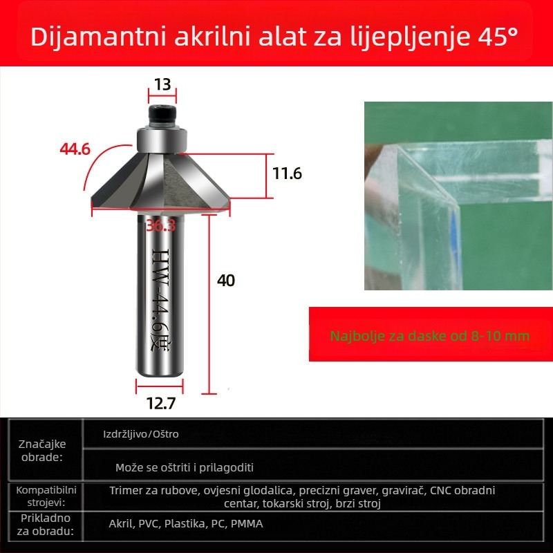 Dijamantna akrilna freza za graviranje, s 45° kosim rubom i 44,6° kutom