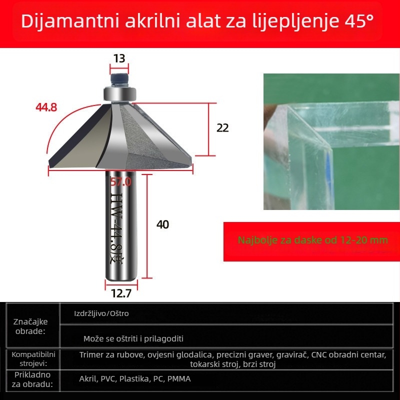 Dijamantna akrilna freza za graviranje, s 45° kosim rubom i 44,6° kutom