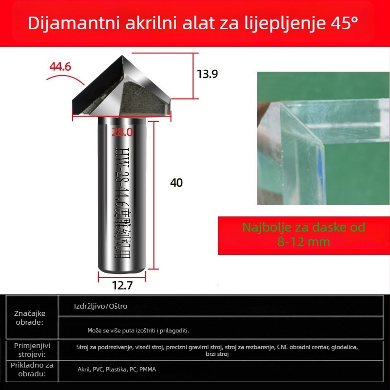 Dijamantna akrilna freza za graviranje, s 45° kosim rubom i 44,6° kutom