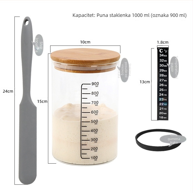 Staklena posuda za fermentaciju sa skalom, otporna na visoke temperature, kapaciteta oko 1000 ml, posuda za kulturu kvasca i prirodni kvasac
