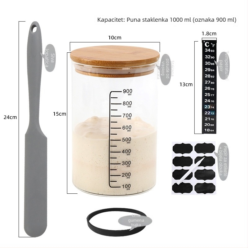 Staklena posuda za fermentaciju sa skalom, otporna na visoke temperature, kapaciteta oko 1000 ml, posuda za kulturu kvasca i prirodni kvasac