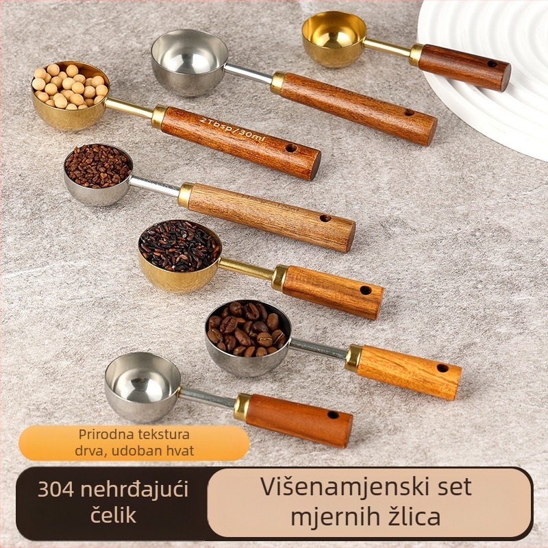 Žličica za mjerenje zrna kave s dugim drvenim držalom, od nehrđajućeg čelika 304, kapacitet 15 g, luksuzan kuhinjski alat za pečenje