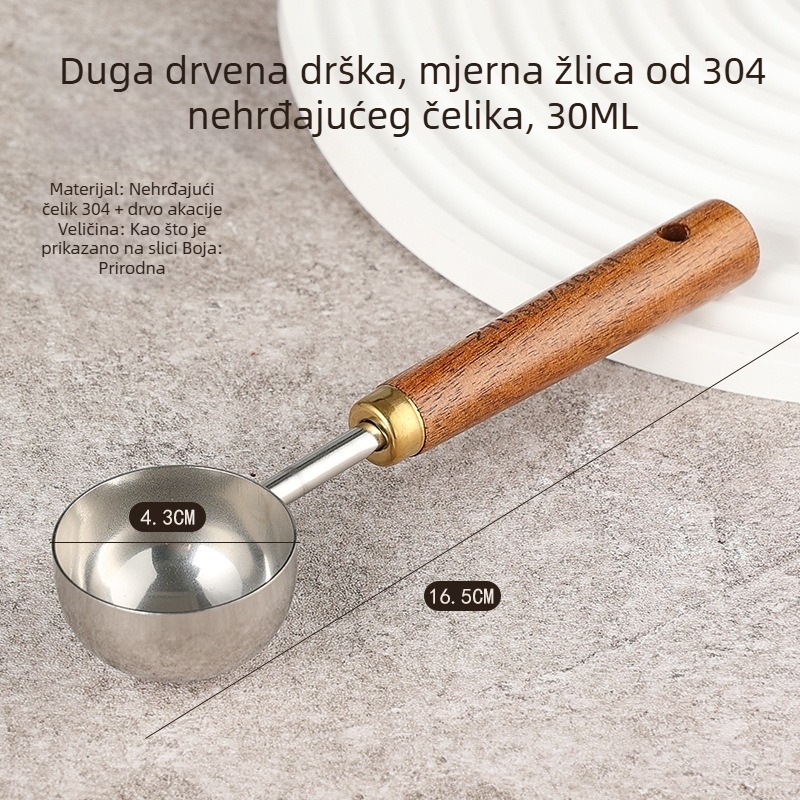 Žličica za mjerenje zrna kave s dugim drvenim držalom, od nehrđajućeg čelika 304, kapacitet 15 g, luksuzan kuhinjski alat za pečenje