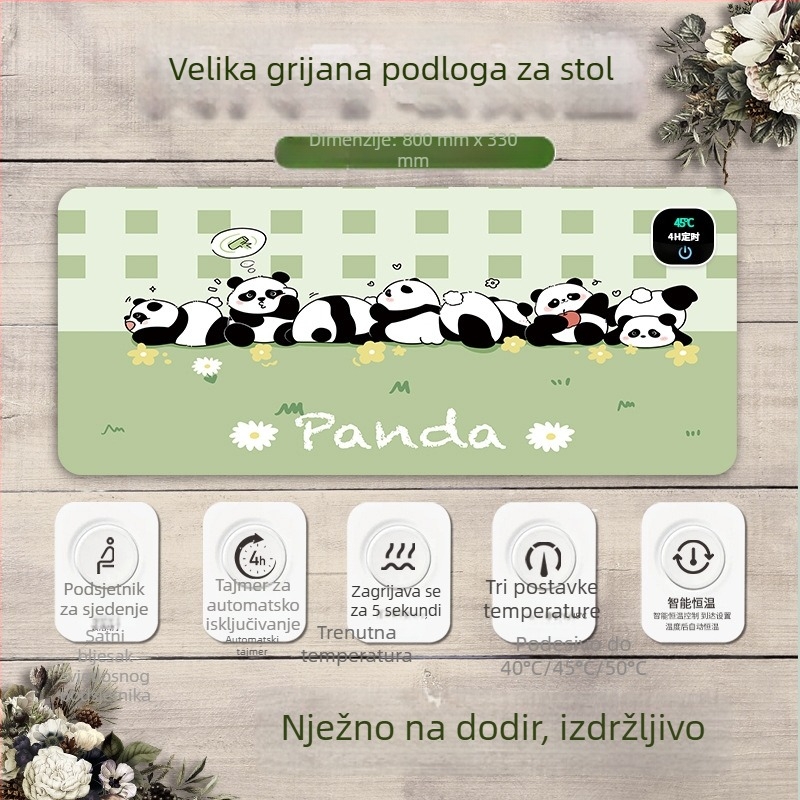 Panda grijani podložak za miš – pretjerano velika stolna podloga za računalo, ured i igranje, veličine 60×30 cm, 80×30 cm ili 90×40 cm