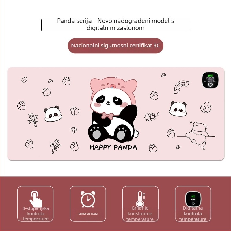 Panda grijani podložak za miš – pretjerano velika stolna podloga za računalo, ured i igranje, veličine 60×30 cm, 80×30 cm ili 90×40 cm