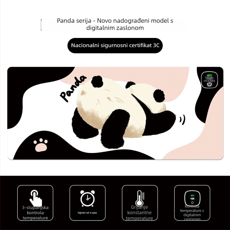 Panda grijani podložak za miš – pretjerano velika stolna podloga za računalo, ured i igranje, veličine 60×30 cm, 80×30 cm ili 90×40 cm