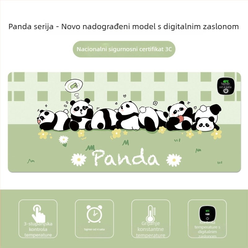 Panda grijani podložak za miš – pretjerano velika stolna podloga za računalo, ured i igranje, veličine 60×30 cm, 80×30 cm ili 90×40 cm