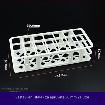 Sklopivi plastični stalak za epruvete, s otvorima 30 mm (21) i 18 mm (44); držač za epruvete i uzorke.