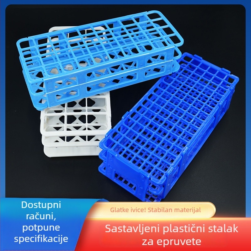 Sklopivi plastični stalak za epruvete, s otvorima 30 mm (21) i 18 mm (44); držač za epruvete i uzorke.