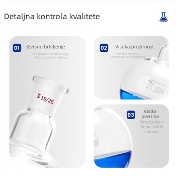 2000 ml staklena boca s krušnim dnom za destilaciju, debelo staklo s ravnim dnom, standardni otvor, reakcijska boca za ispiranje, laboratorijski čašica
