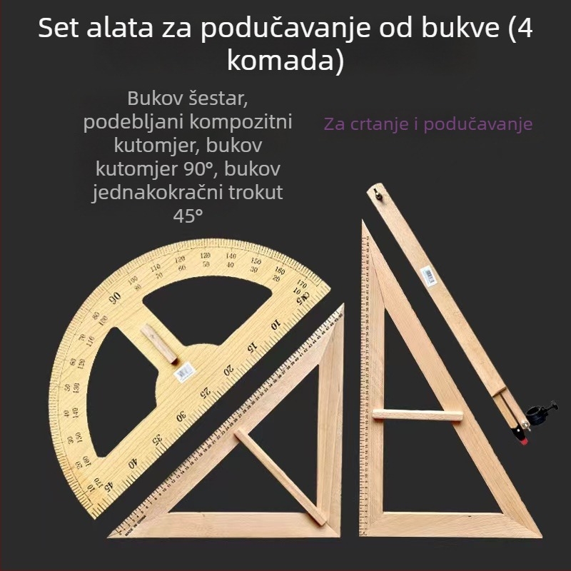 Veliki drveni trokut s polukružnim kutomjerom i kružilom