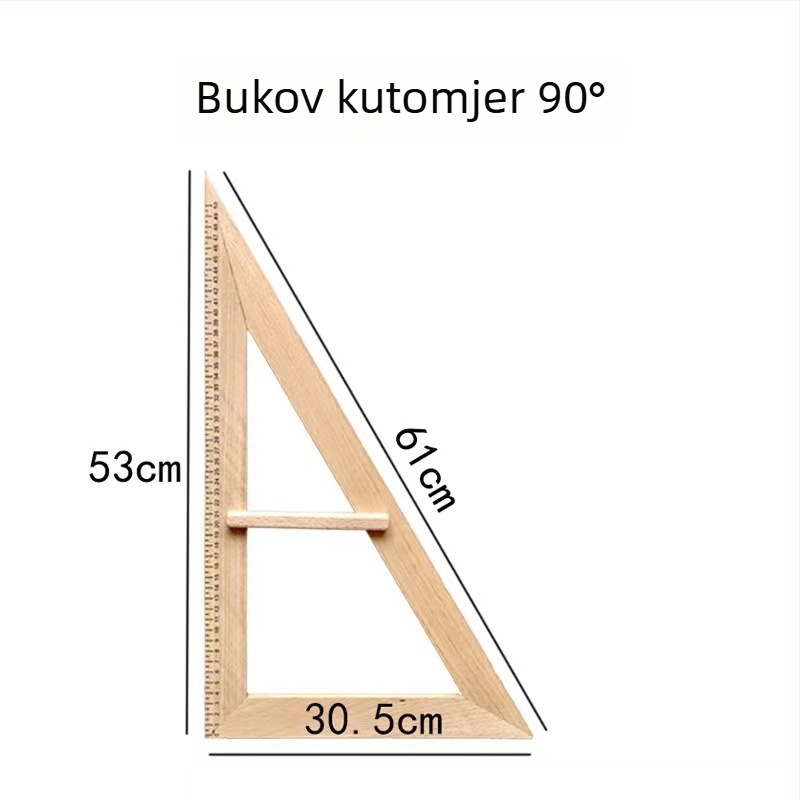 Veliki drveni trokut s polukružnim kutomjerom i kružilom