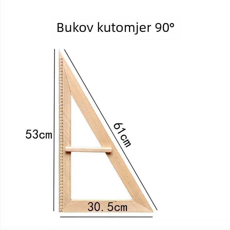 Veliki drveni trokut s polukružnim kutomjerom i kružilom