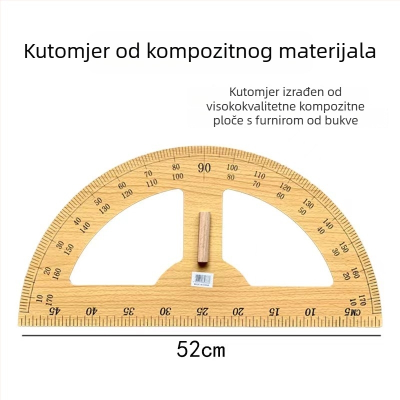 Veliki drveni trokut s polukružnim kutomjerom i kružilom