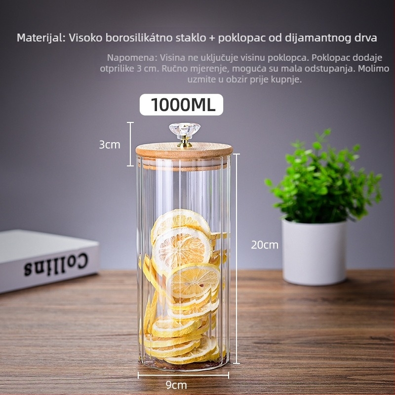 Prugasto borosilikatno staklo s drvenim poklopcem, zatvorenog, za kuhinjsku i čajnu pohranu