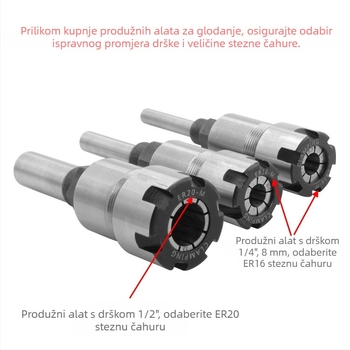 Produžni štap za frezu s ER kolutom, 1/4" i 8 mm osovinom, 6 utora, za graviranje i obradu drveta