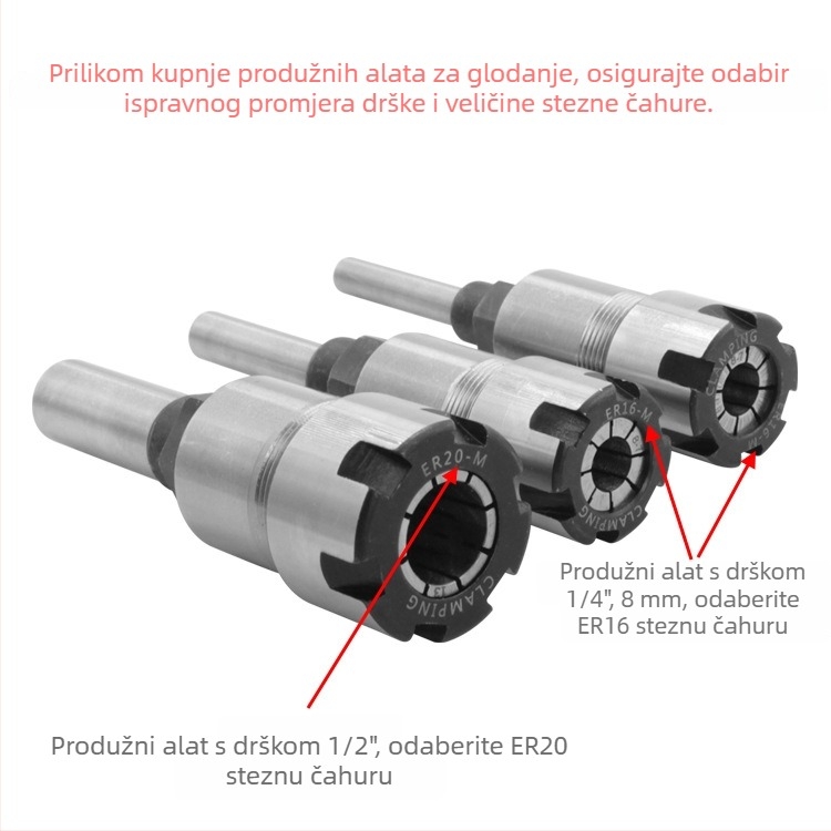 Produžni štap za frezu s ER kolutom, 1/4" i 8 mm osovinom, 6 utora, za graviranje i obradu drveta