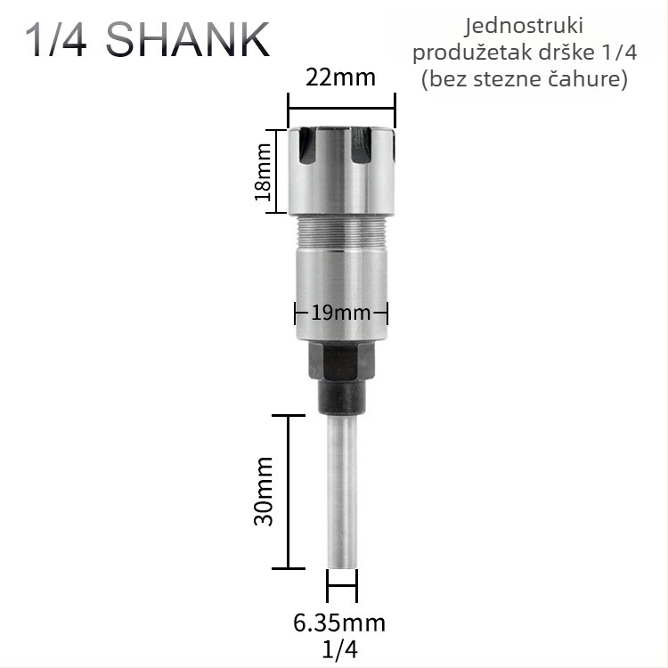 Produžni štap za frezu s ER kolutom, 1/4" i 8 mm osovinom, 6 utora, za graviranje i obradu drveta