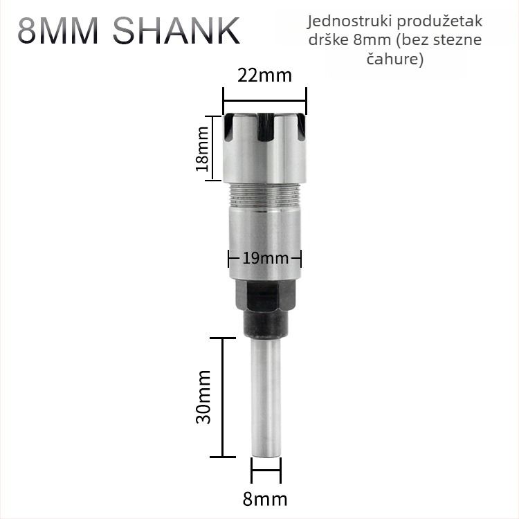 Produžni štap za frezu s ER kolutom, 1/4" i 8 mm osovinom, 6 utora, za graviranje i obradu drveta
