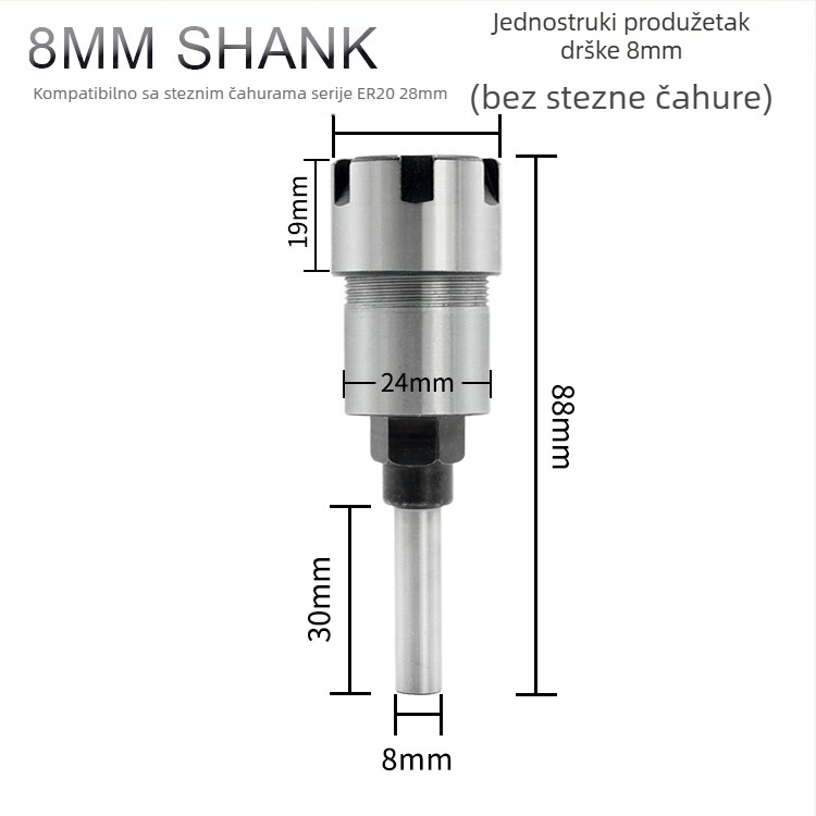 Produžni štap za frezu s ER kolutom, 1/4" i 8 mm osovinom, 6 utora, za graviranje i obradu drveta
