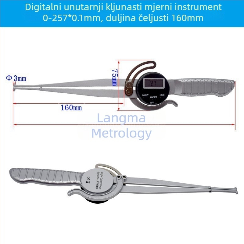 Digitalni kaliper s dugim čeljustima, velik raspon mjerenja, digitalni zaslon, unutarnje i vanjske mjere, 0-237 mm, duljina čeljusti 160 mm