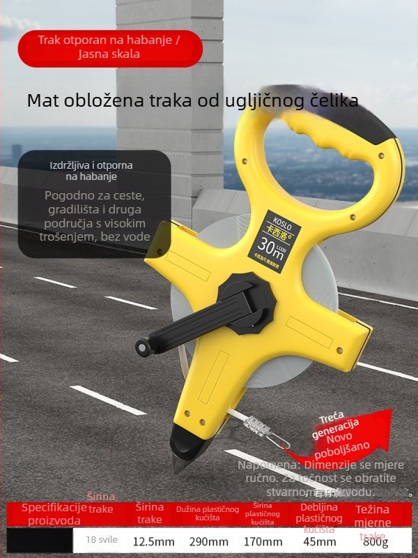 Veliki mjerni set: 50 m čelična traka, 30 m mekana traka, 100 m čelična traka za građevinska mjerenja, ručna futrola