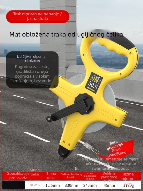Veliki mjerni set: 50 m čelična traka, 30 m mekana traka, 100 m čelična traka za građevinska mjerenja, ručna futrola