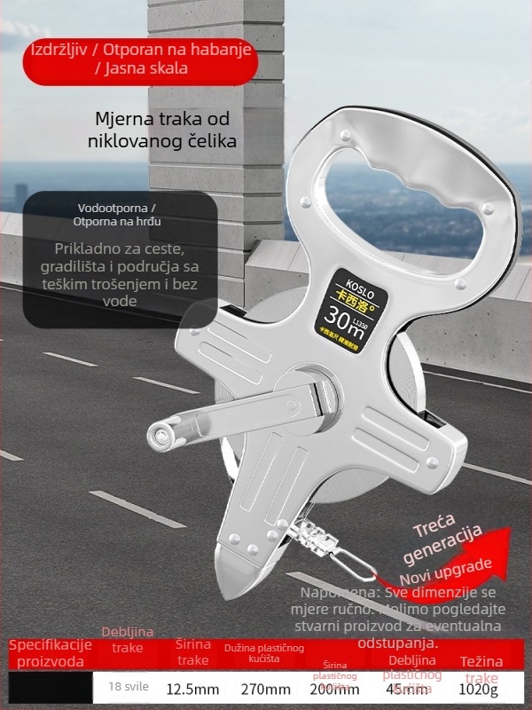 Veliki mjerni set: 50 m čelična traka, 30 m mekana traka, 100 m čelična traka za građevinska mjerenja, ručna futrola