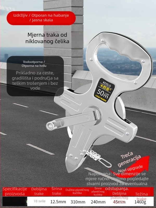 Veliki mjerni set: 50 m čelična traka, 30 m mekana traka, 100 m čelična traka za građevinska mjerenja, ručna futrola