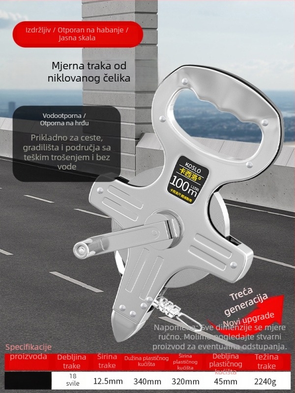 Veliki mjerni set: 50 m čelična traka, 30 m mekana traka, 100 m čelična traka za građevinska mjerenja, ručna futrola