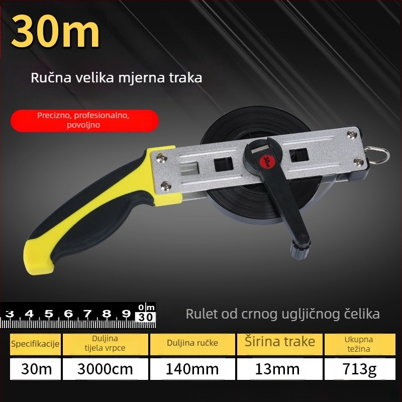 Veliki mjerni set: 50 m čelična traka, 30 m mekana traka, 100 m čelična traka za građevinska mjerenja, ručna futrola