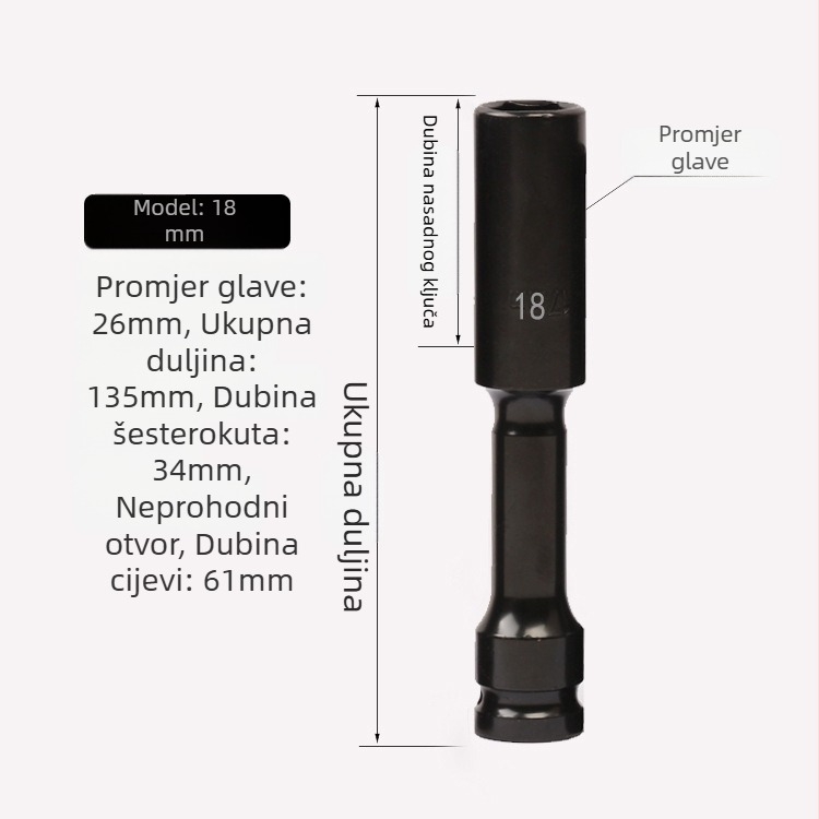 Jayco električni ključ, tankoslojni soket, produžni glavč, 1/2-inčni pogon, 6/7/8 mm