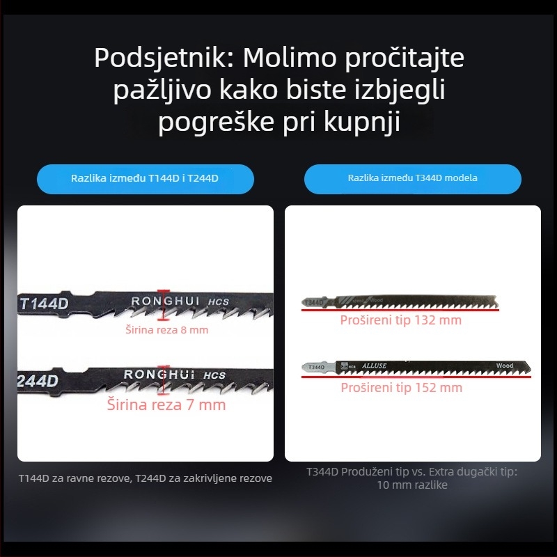Oštrica za džig-pilu za drvo s produženom dužinom, T244D visoko brzine čelik, 101A0, metalna pločica s otvorom, grubi/srednji/fini zubi.