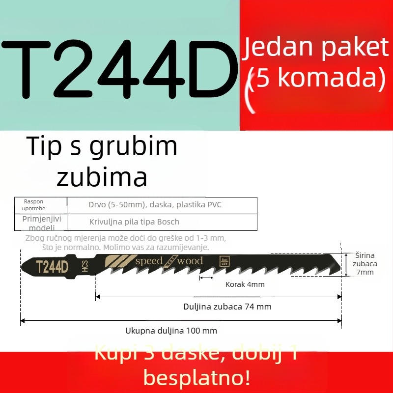 Oštrica za džig-pilu za drvo s produženom dužinom, T244D visoko brzine čelik, 101A0, metalna pločica s otvorom, grubi/srednji/fini zubi.