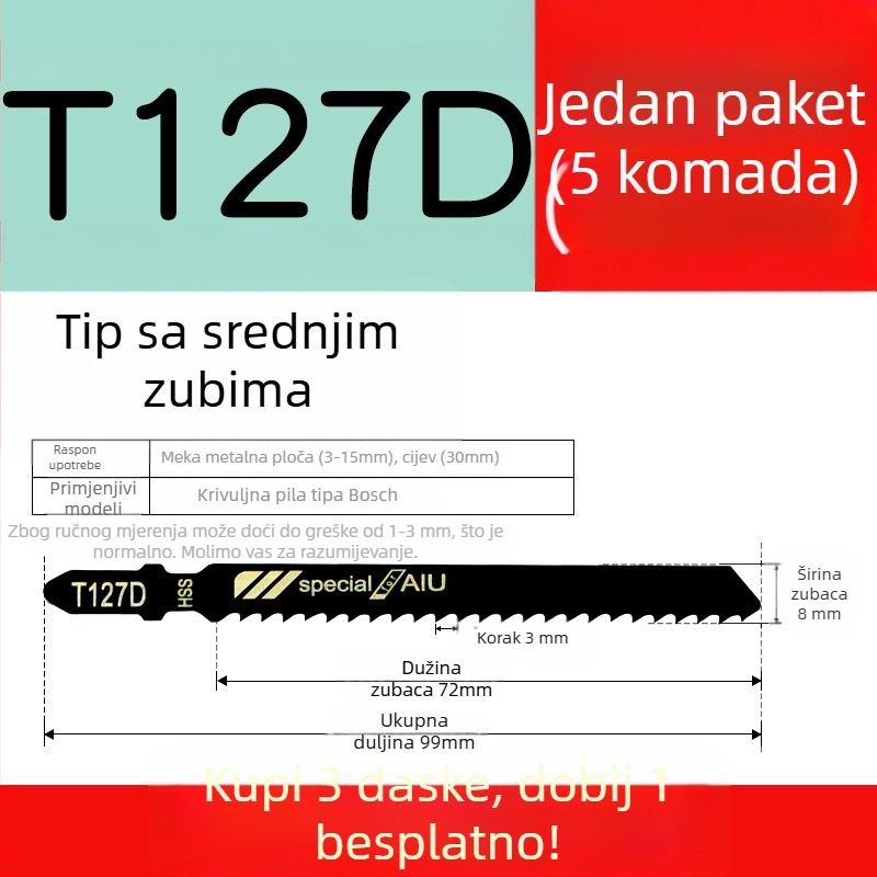 Oštrica za džig-pilu za drvo s produženom dužinom, T244D visoko brzine čelik, 101A0, metalna pločica s otvorom, grubi/srednji/fini zubi.