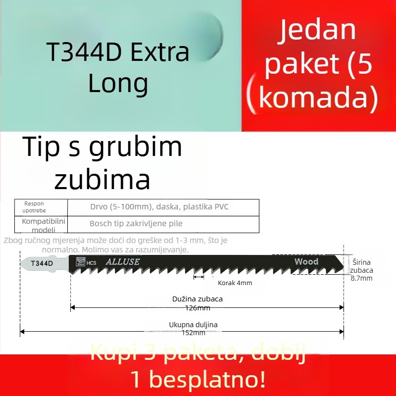 Oštrica za džig-pilu za drvo s produženom dužinom, T244D visoko brzine čelik, 101A0, metalna pločica s otvorom, grubi/srednji/fini zubi.