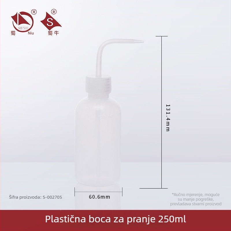 Plastična boca za ispiranje s zakrivljenim izljevom i bočnom cijevi, laboratorijska boca za ispiranje 250/500/1000 ml