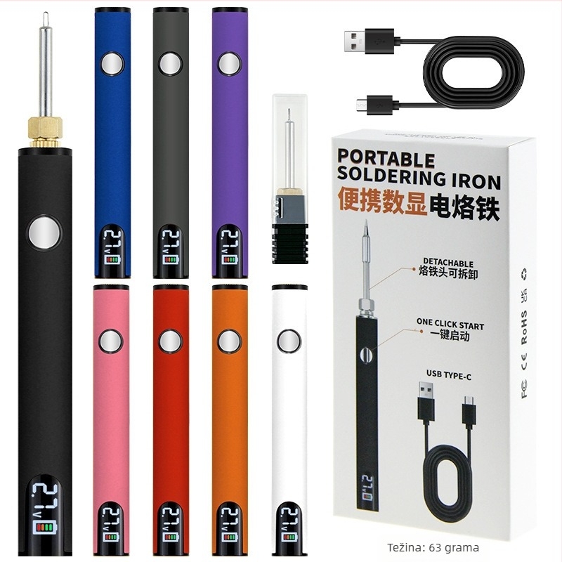 Prijenosno USB lemilica s digitalnim zaslonom, 510 sučelje, tri postavljene razine napona, 650 mAh, s vrhom za lemljenje u crnoj, bijeloj, narančastoj, ljubičastoj i crvenoj boji