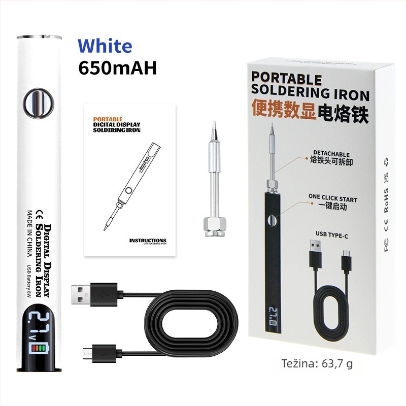 Prijenosno USB lemilica s digitalnim zaslonom, 510 sučelje, tri postavljene razine napona, 650 mAh, s vrhom za lemljenje u crnoj, bijeloj, narančastoj, ljubičastoj i crvenoj boji