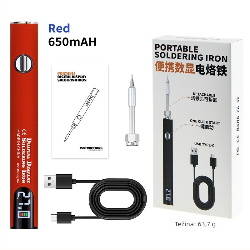 Prijenosno USB lemilica s digitalnim zaslonom, 510 sučelje, tri postavljene razine napona, 650 mAh, s vrhom za lemljenje u crnoj, bijeloj, narančastoj, ljubičastoj i crvenoj boji