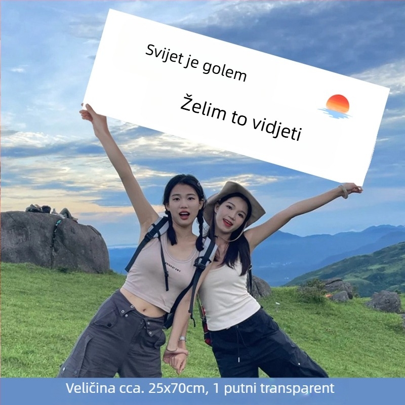 Vanjski kamping — mali ručni banner, moderan rekvizit za fotografije na putovanjima, teambuildingu, planinarenju i uz more